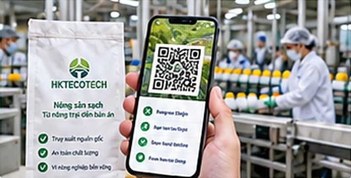 HKTECOTECH product bag and a phone scanning a traceability QR code
